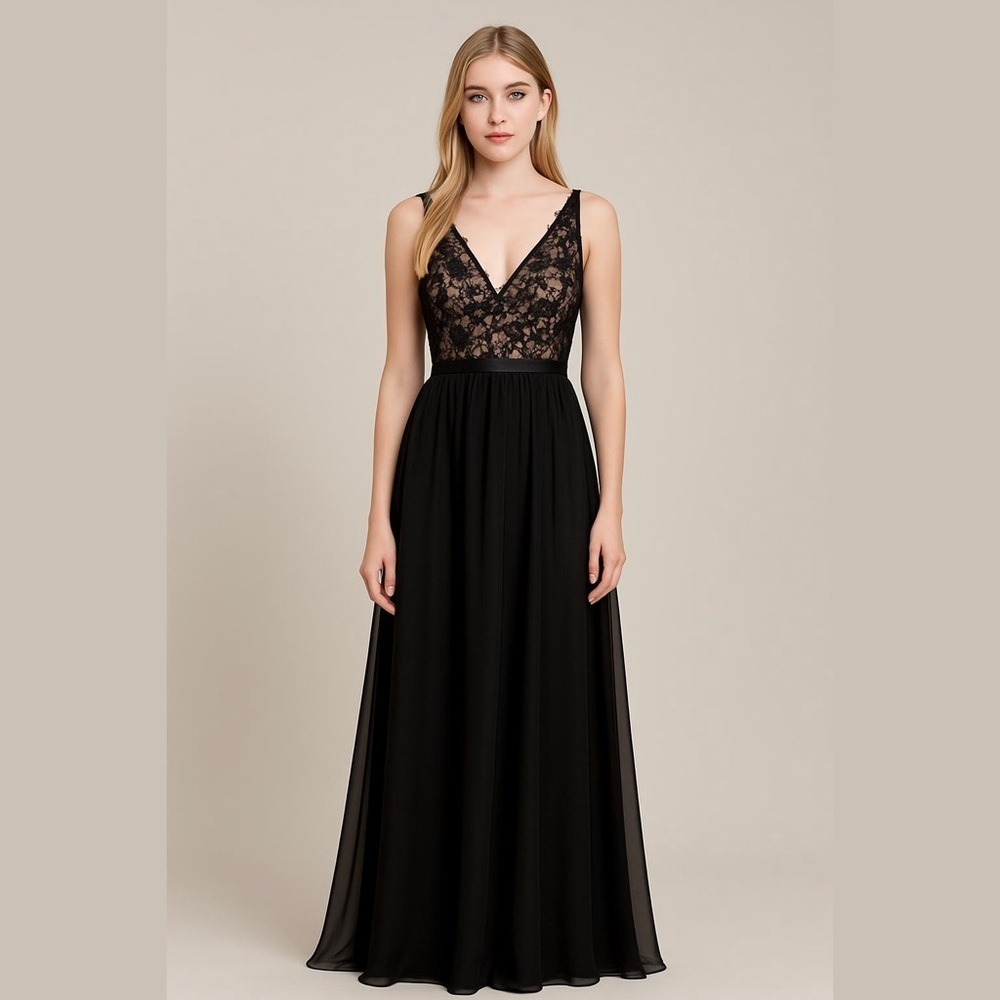 Mori Lee Madeleine Gardner Black Lace Chiffon Formal Gown Built-In Cups